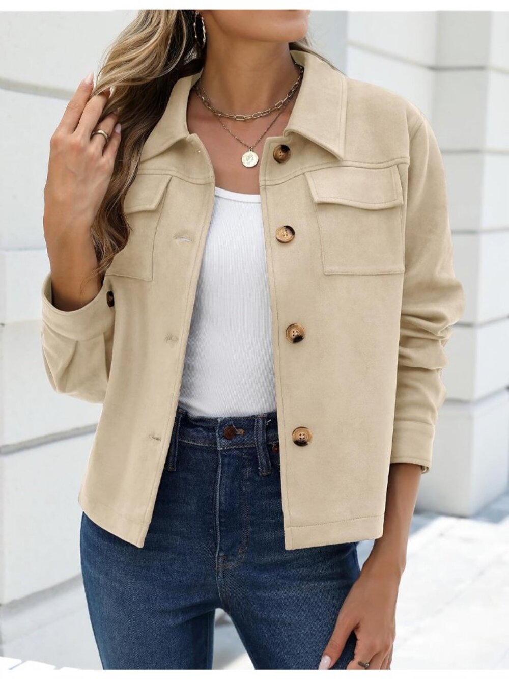 Women Apricot Long Sleeve Faux Suede Cropped Shacket Button Down Fall Jacket - Picture 2 of 4